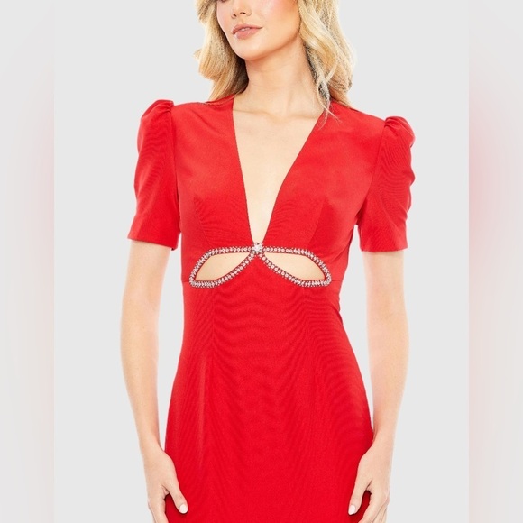 MAC DUGGAL A2630 NWT Plunge Neck Puff Sleeve Cut Out Gown - Picture 2 of 6